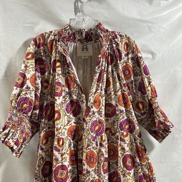 Figue Halima Sz L 100% Cotton Floral Smocked Neckline Tiered Lined Boho Dress - Picture 2 of 16